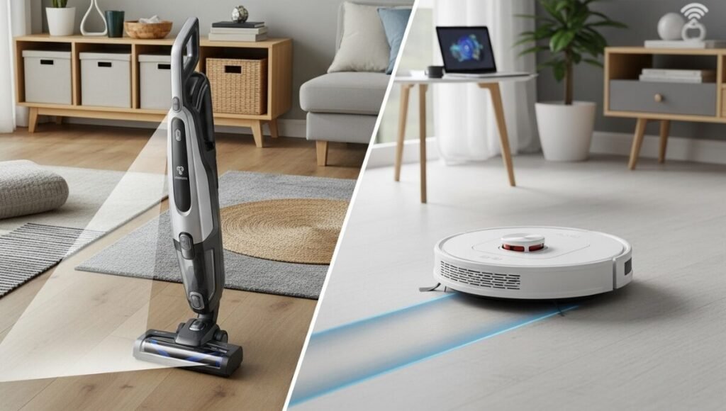 aspirador de po vertical ou robo limpeza profunda